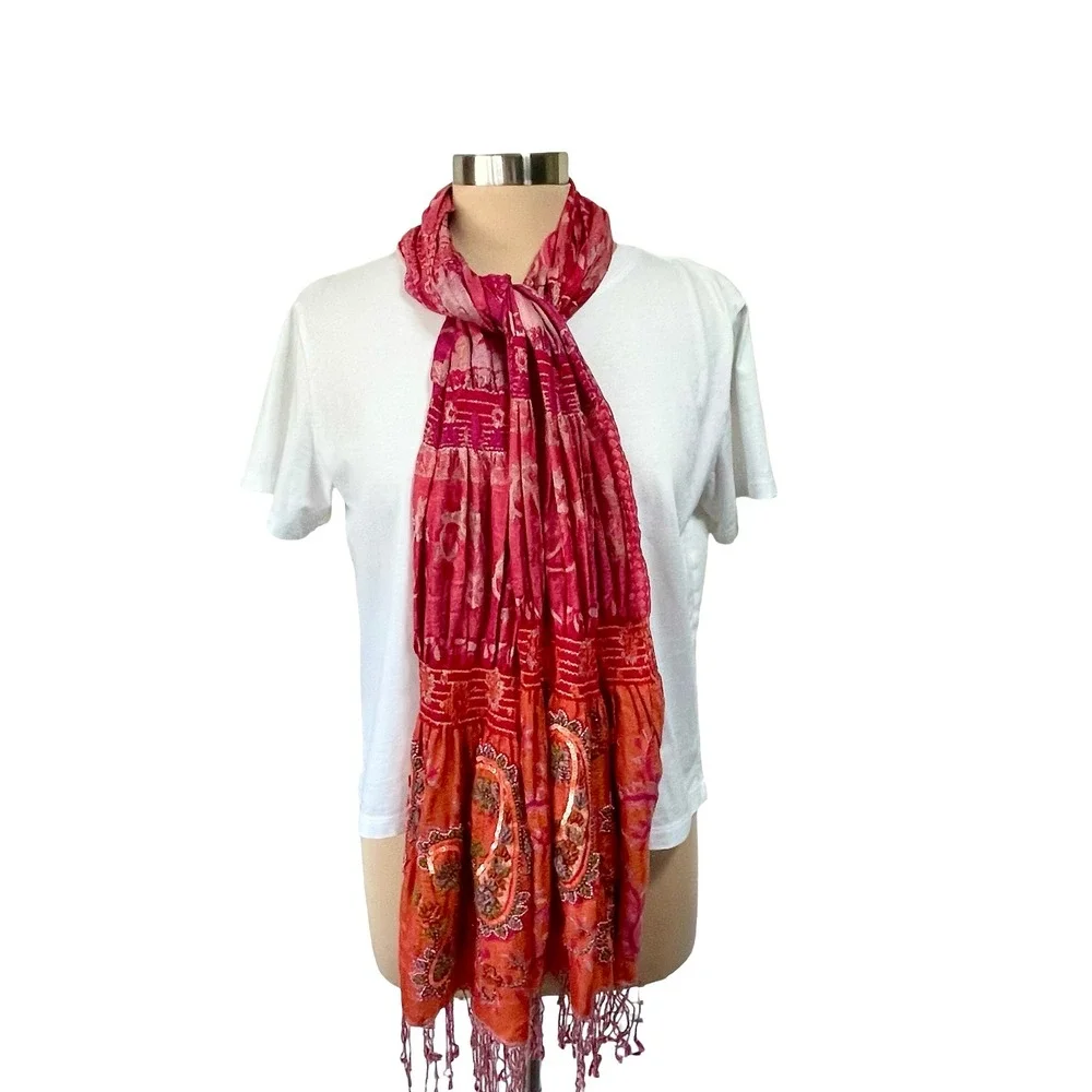 Tolani 100% Pure Silk Scarf Pink Orange Paisley Embroidered Sequin Beaded Fringe